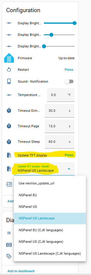 TFT model selection and update button