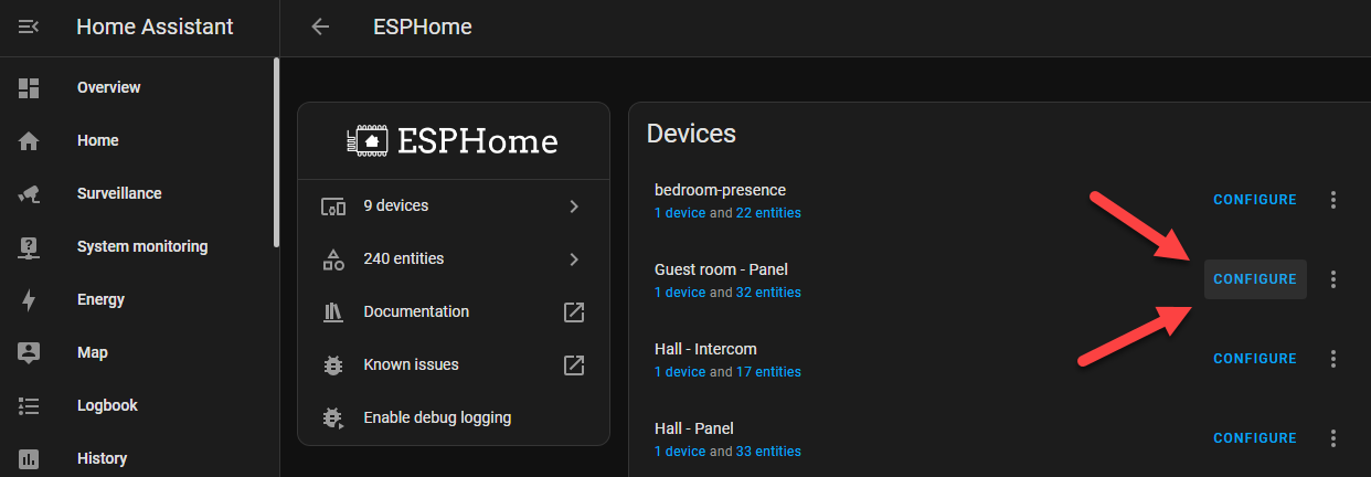 Configure option in ESPHome integrations panel